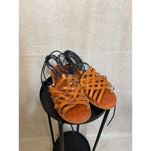 American Eagle Outfitters Womens Gladiator Sandals Tan Woven Lace Up Flat Size 8